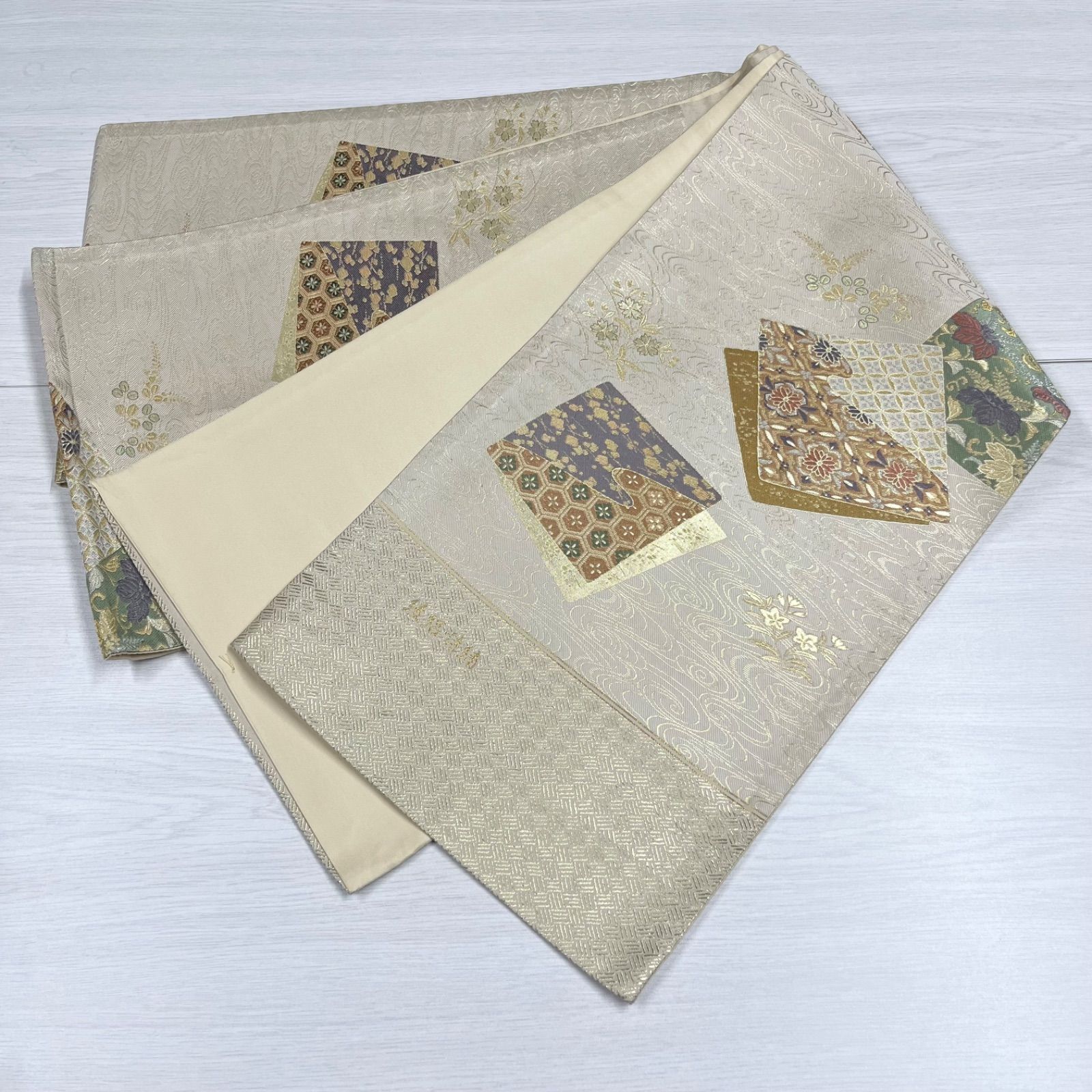 【未使用品】　美品　匿名配送　西陣織　袋帯　正絹　絹100％　未仕立　フォーマル　帯　ベージュ　着物　きもの　訪問着　色無地　小紋　紬　付け下げ　結婚式　式典　パーティー　66