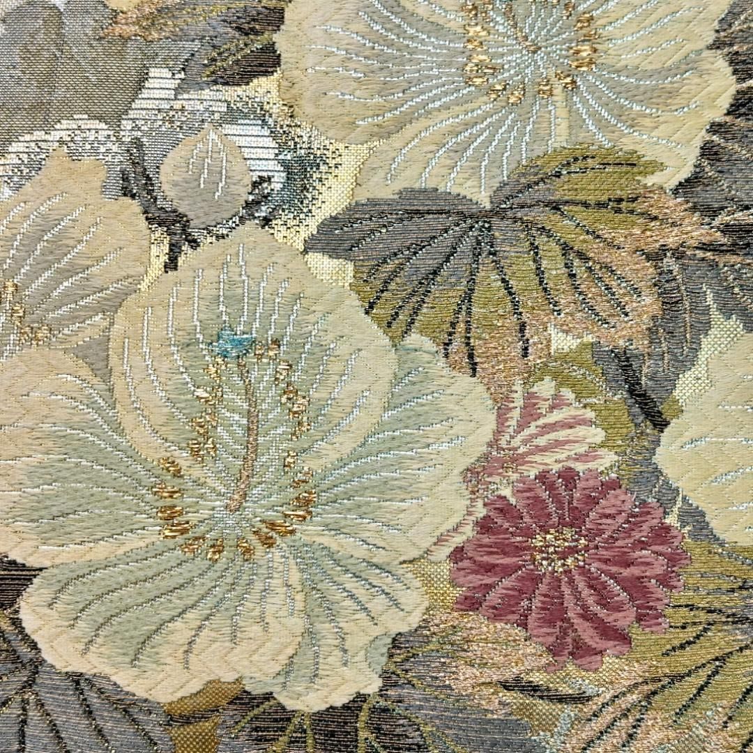 全通 リバーシブル 未着用 なーみ美品⭐️「南国花織」リバーシブル正絹洒落袋帯　全通柄 袋帯 p 015b 着物 花模唐花模様 膨れ織 着物・浴衣