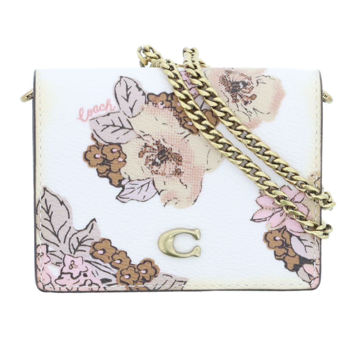 COACH コーチ ヴィズ フローラ ウォレットチェーン PVC レザー ホワイト  レディース【中古】 COACH - COACH コーチ ヴィズ フローラ ウォレットチェーン PVC レザー
