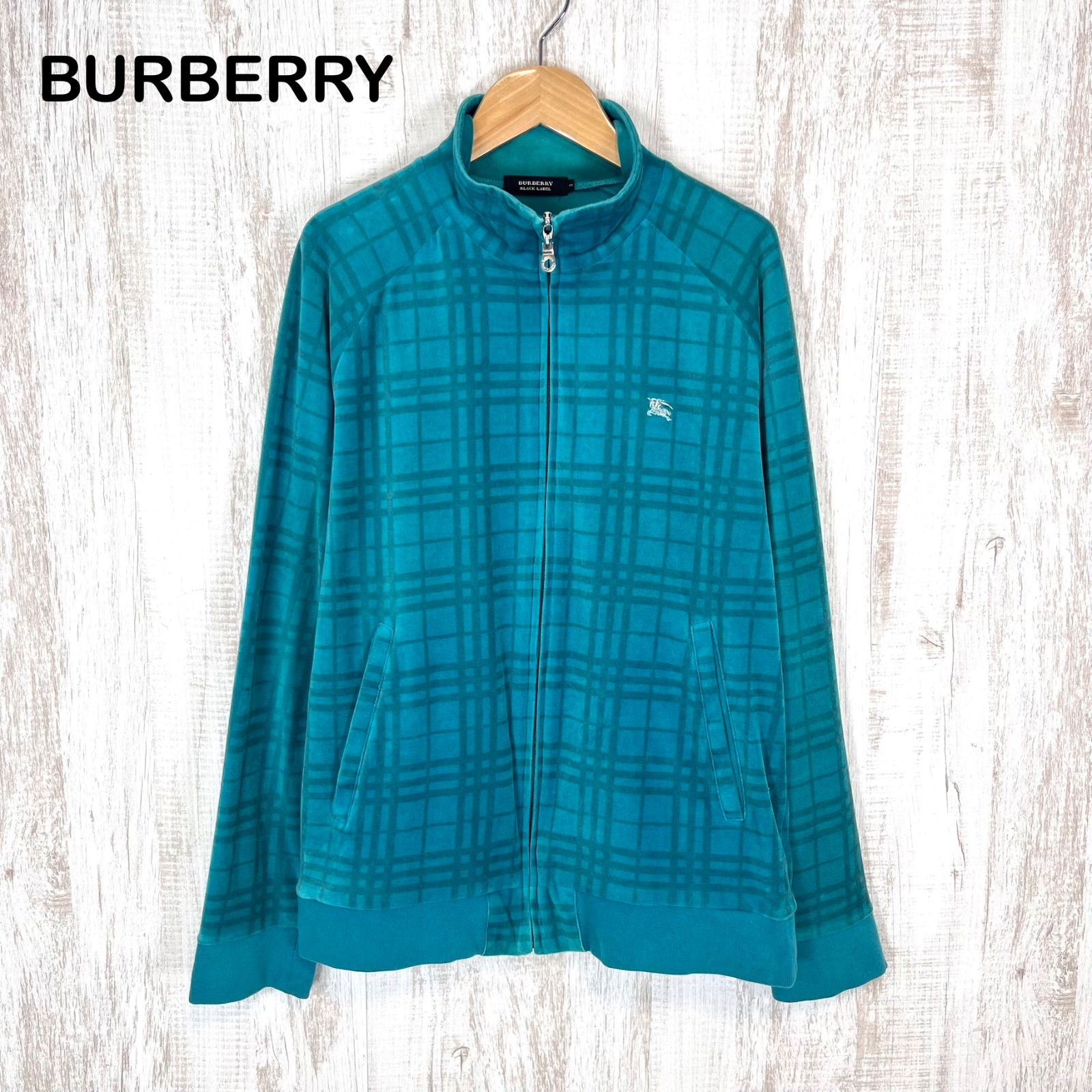 BURBERRY BLACK LABEL バーバリーブラックレーベル ホース ロゴ刺繍 チェック ベロア フルジップアップ パーカー トラックジャケット ブルー