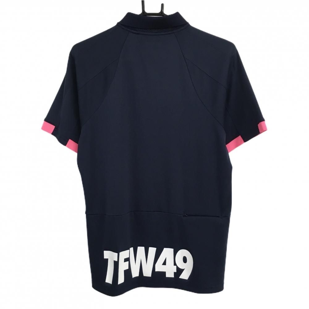 TFW49 ポロシャツ ネイビー ピンク ゴルフ ウェア ストレッチ 超美品】TFW49 半袖ポロシャツ ネイビー 袖口蛍光ピンク 襟メッシュ