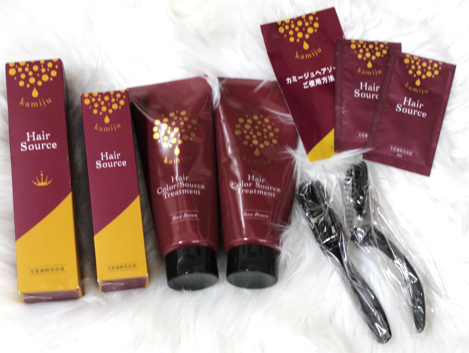 【カミージュヘアカラーソースローズブラウン　内容量200g中約7割程残×1本+＜未使用＞×1本　ヘアソース内容量200ml中約9割程残×1箱＋内容量100ml中約9割程残×1箱　ヘアソース1dayトライアル内容量6ml＜未開封＞×2袋　6個セット】