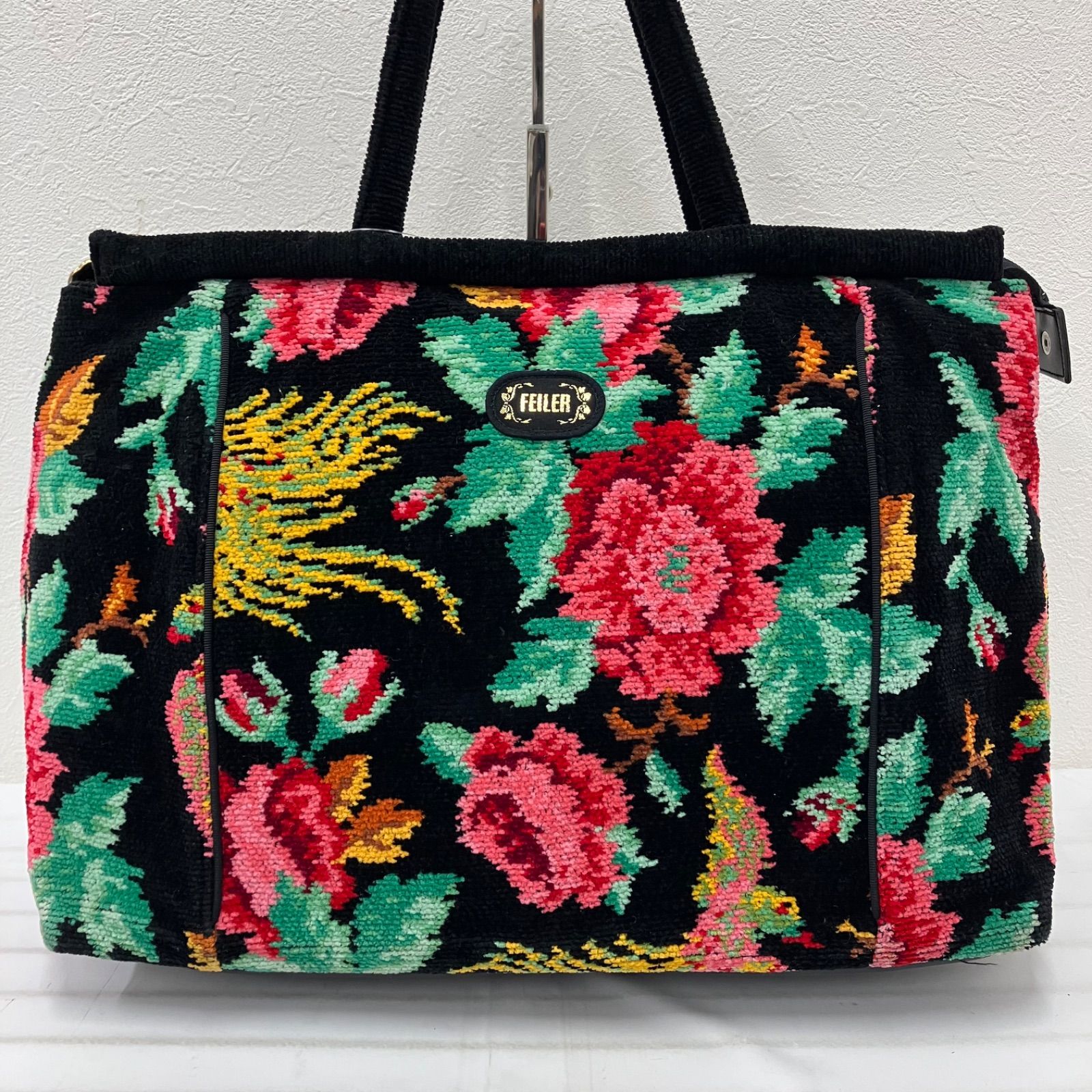 FEILER】トートバッグ シュニール織 花柄 薔薇柄 刺繍 グレー 