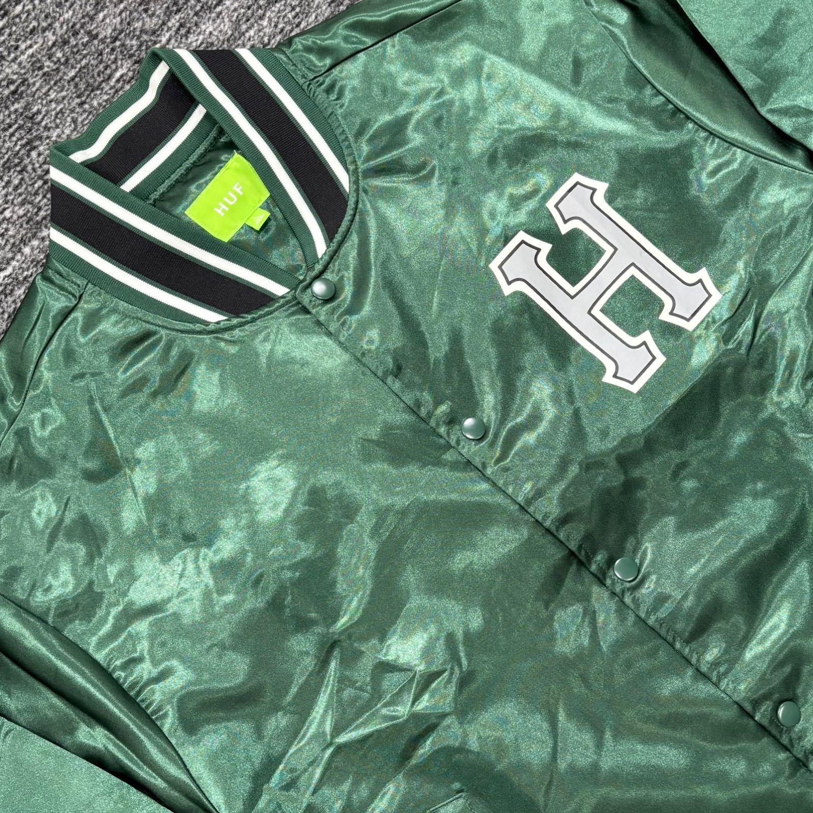 美品 HUF Crackerjack Satin Baseball Jacket Forest Green L ハフ 