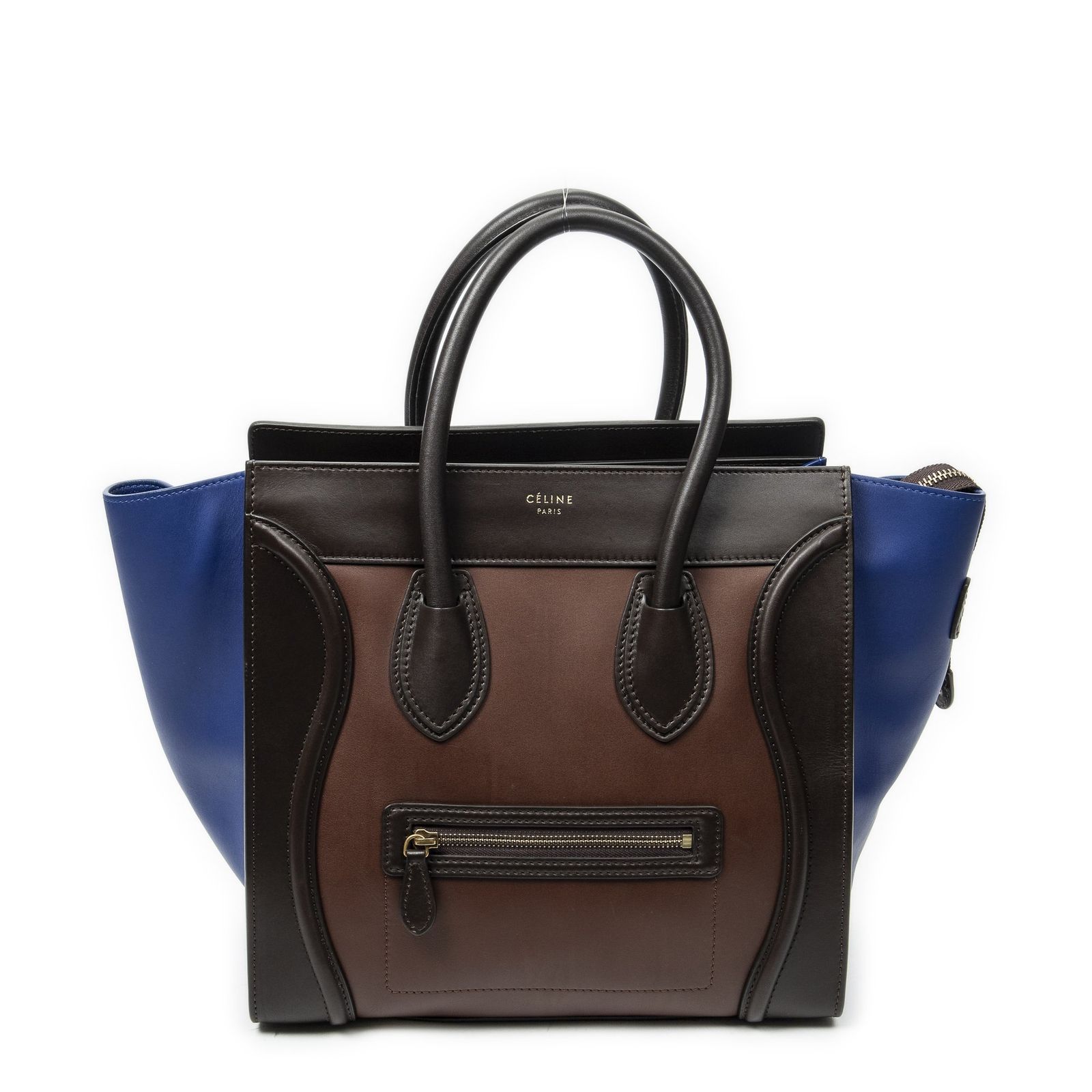 [中古] CELINE セリーヌミディアム トリコロール ラゲージ茶色、ダークブラウン、青カーフスキンレザーA