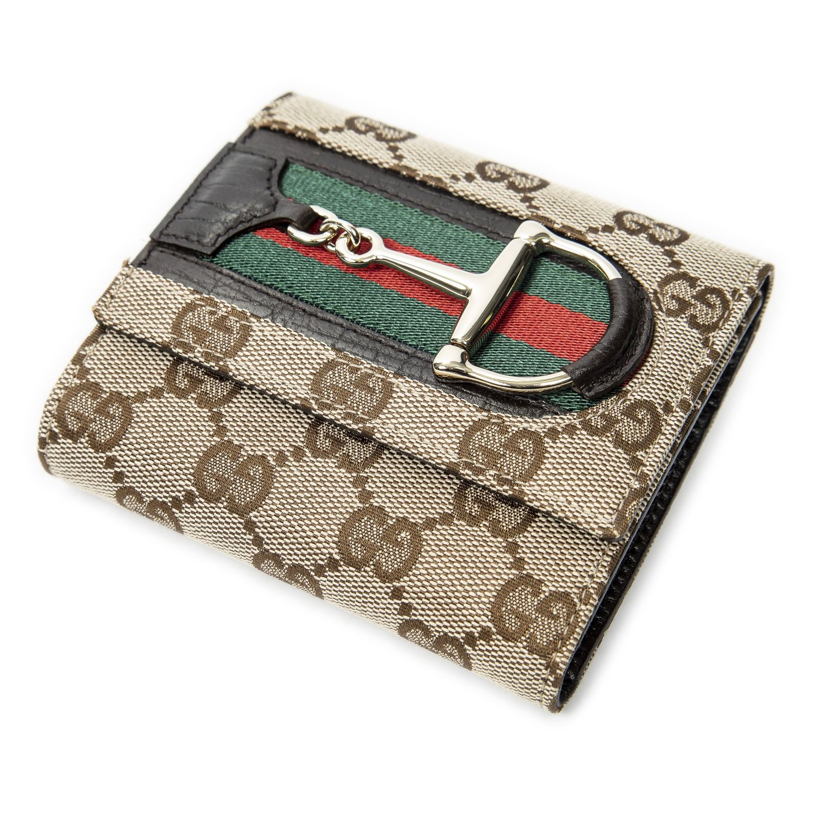 [中古] GUCCI グッチホースビット トライフォールド ウォレットベージュ/ブラウンGGキャンバスA