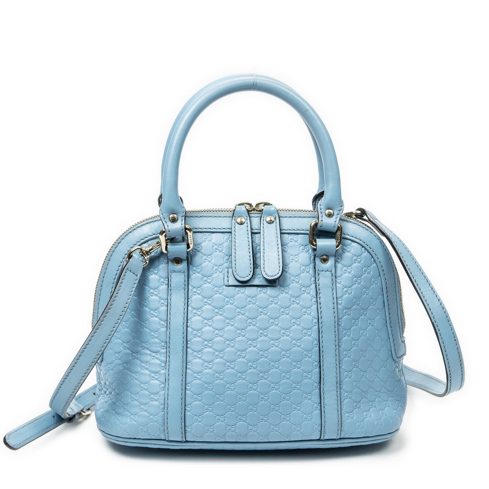[中古] GUCCI グッチミニ ドーム トート水色ミクログッチシマレザーA
