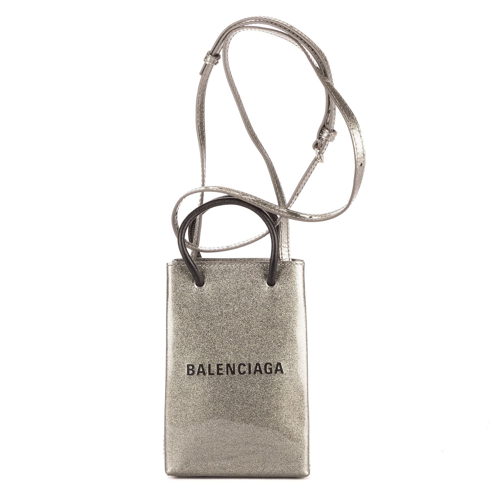 [中古] BALENCIAGA バレンシアガShopping North South フォンホルダーグレー/ブラック艶出しグリッター・パテントレザーA