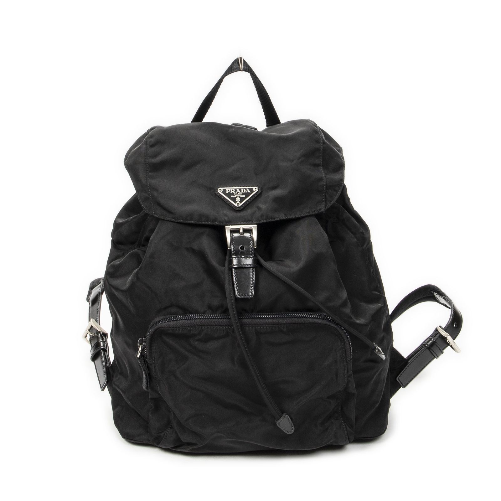 [中古] PRADA プラダ巾着フラップ バックパック黒ナイロンキャンバスA