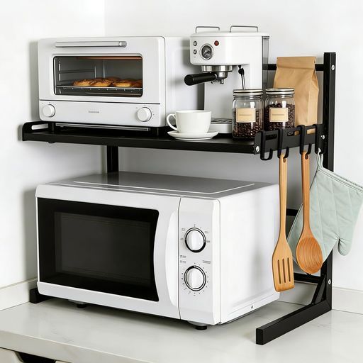 レンジ上ラックトースター台-YOKELLMUX伸縮式電子レンジ上ラックオーブントースターラックレンジ上収納幅39~60cm調節棚板高さ11段調節耐熱組み立て簡単耐荷重40kgフック4個付きブラック
