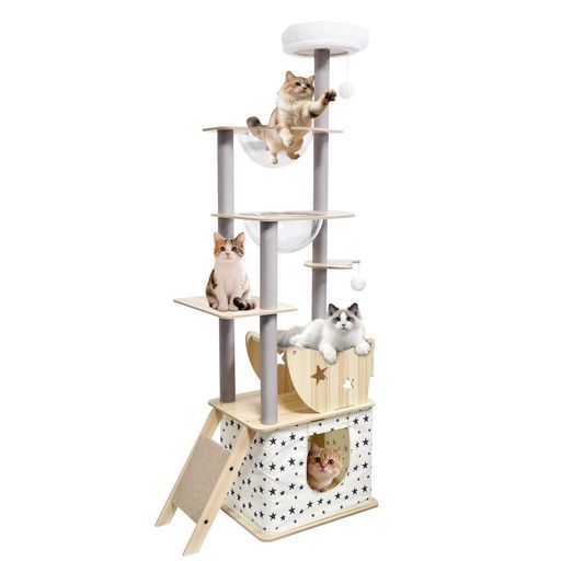 キャットタワー猫タワースリム木製宇宙船厚さを増した板材キャットタワー大型猫用省スペース登りやすいハンモック見晴台ボンボン天然麻紐爪とぎ運動不足解消子猫短足猫向け多頭飼い…