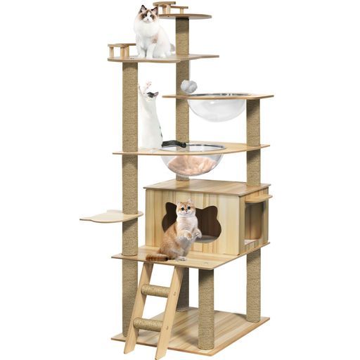 UYTONキャットタワーキャットタワー多層木製スリム猫ハウス【高さ約170CM、、木の色】据え置き大型安定感透明アクリルカプセル展望台多頭飼い登りやすい爪とぎ猫タワーハンモックおし…