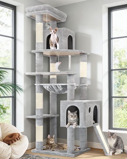 Globlazerコーナーキャットタワー超スリム省スペース大型猫用多頭飼いきゃつとタワー付い2つキャットハウス大きな屋上展望台柔らかい特大ハンモック天然麻紐の猫の爪とぎボード複数猫…