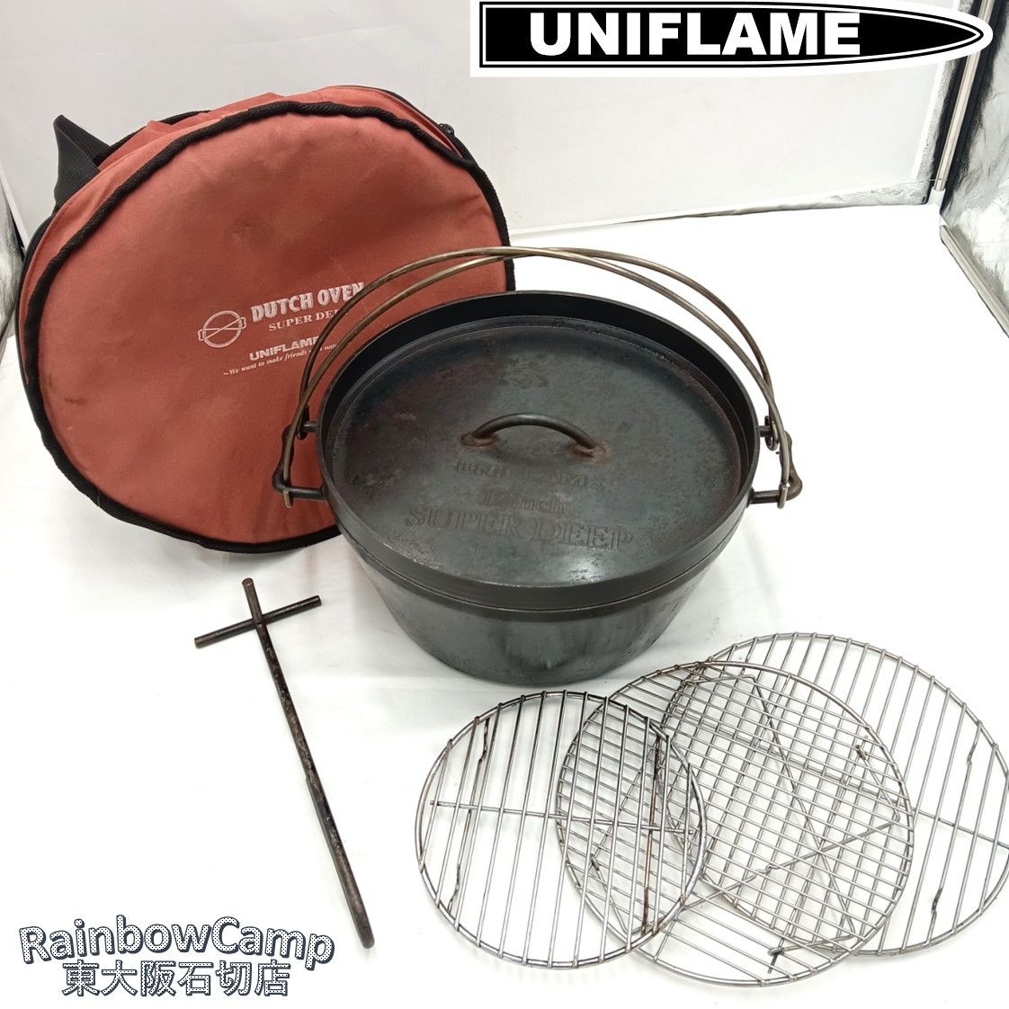 UNIFLAME ユニフレーム 12インチ SUPER DEEP ダッチオーブン ダッチスタンド付属 中古品 ① UNIFLAME (ユニフレーム) スーパーディープ ダッチオーブン 12インチ