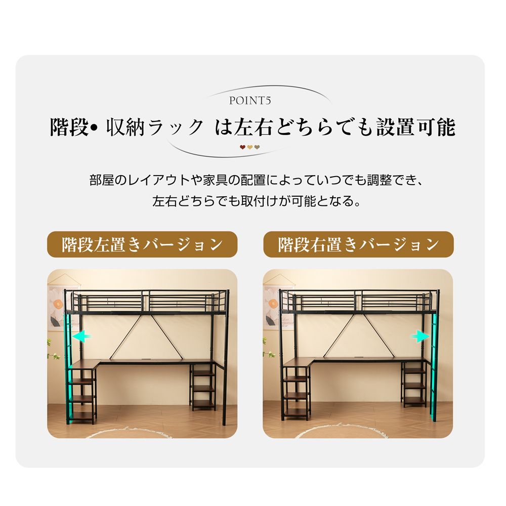 ロフトベッド パイプベッド シングル デスク付き 収納棚 ハシゴ付き