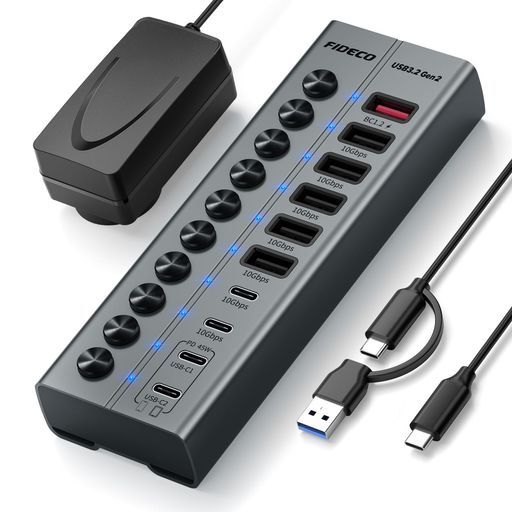 FIDECO10ポート72W電源付きUSBハブBC1.2ポートx1、PD45W充電ポートx2、USB3.2ポートx7(USB-Ax5+USB-Cx2)搭載アルミ製10Gbps