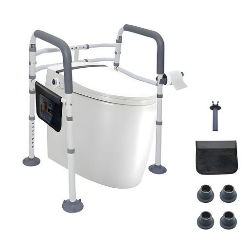 Mokilandトイレ用手すり高齢者用妊婦起身補助具立ち上がり補助置くだけ転倒防止アルミ合金製高さ7段階調整幅6段階調整高齢者のトイレでの起身を助力収納袋とティッシュホルダーが付き