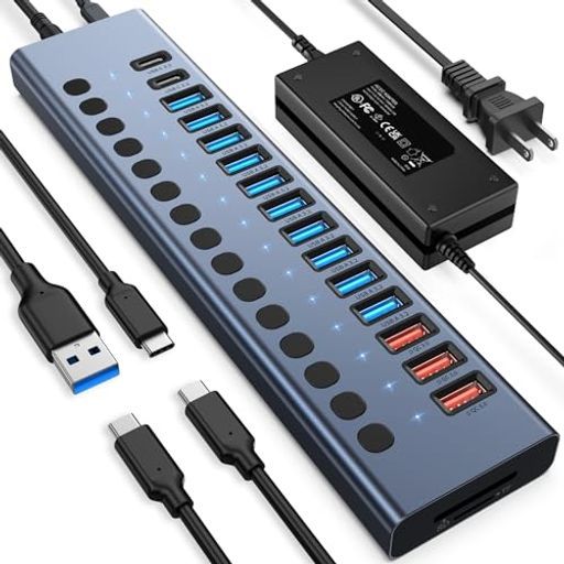 電源付きUSBハブ10Gbps17ポート96WUSB3.2ハブ(USB-A3.2x10+QC24W急速充電x3+USB-C3.2x2+SD/TFカードリーダー)12V/8A電源アダプター付きノート