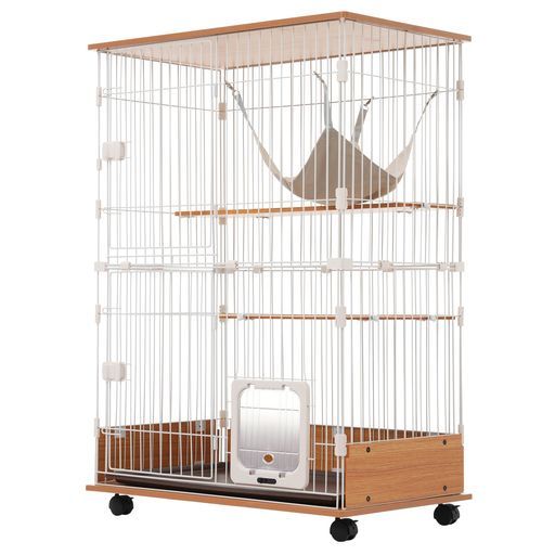 BTM猫ケージ飛び散り防止カバー付きキャットケージ木製フレーム猫ゲージキャットハウス猫用ハンモック付き引出し式トレー付頑丈設計大型ワイド扉多頭飼い留守番保護脱走防止組立簡単…
