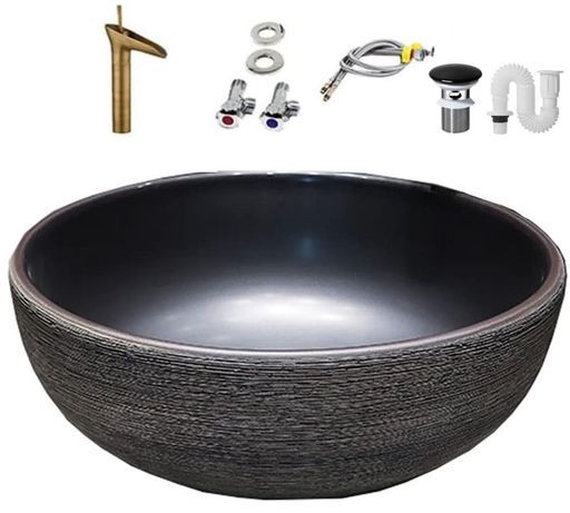 【排水セット付き】洗面ボウルおしゃれ陶器豪華手洗器シンプル置き型洗面器深型手洗い鉢洗面鉢手洗い器蛇口付き(41*41*15CM)