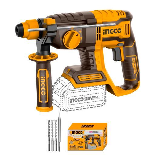 INGCO20Vロータリーハンマー22mm(本体のみ)ブラシレスモーター4IN1機能調整ノブ1100RPM5400BPM2.0J3本のドリルビットと1本のチゼル付きCRHLI20208