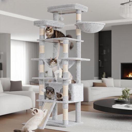 Heyblyキャットタワー大きな猫や多頭飼い超スリム据え置き型省スペース登りやすいハンモック大きな見晴らし台天然麻紐爪研ぎ棒給餌台高さ200cmライトグレーHCT033W