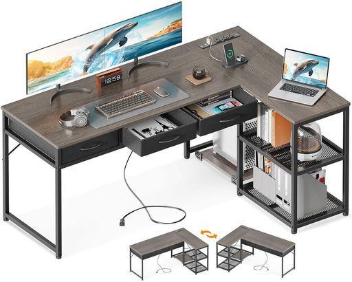 ODKゲーミングデスク引き出し3杯パソコンデスクコンセント付きl字デスクデスク机幅155pcデスク棚付きdesk収納オフィスデスク在宅勤務仕事用組立簡単グレー
