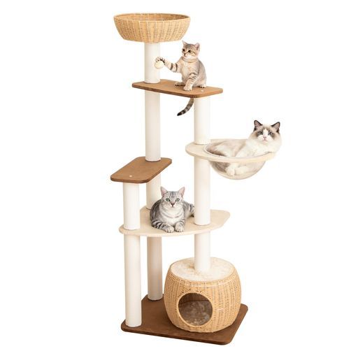 PETTIFULキャットタワー木製に生地張り大型据え置き大型猫おしゃれ高さ161cmオランダベルベット手編みカゴラタン壁際ぴったりコーナーコンパクト成猫省スペース上下しやすいインテリア…