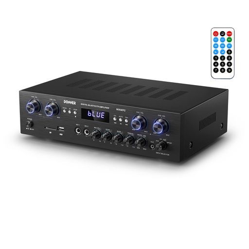 DonnerパワーアンプBluetooth5.0オーディオアンプ出力440WオーディオステレオレシーバーUSB/SD/FM/2MicINEcho/RCA/LEDスタジオホームユースMAMP5