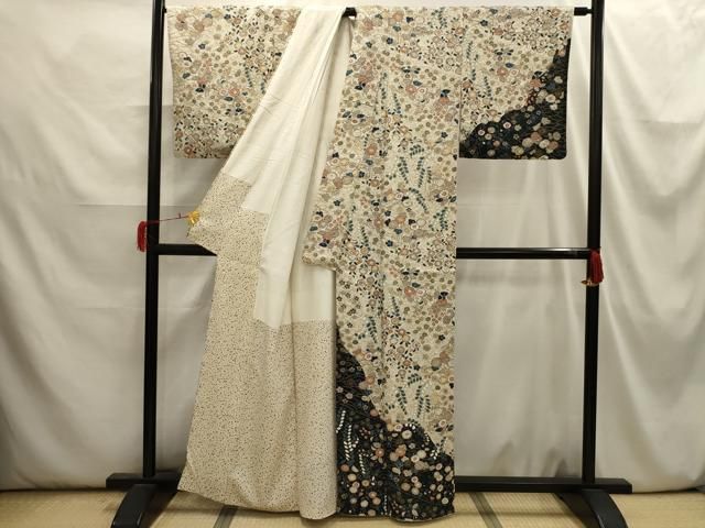 平和屋着物●上質な小紋　絞り　更紗花蔦草文　黒地　正絹　逸品　AABF1346ck 平和屋着物○上質な小紋 絞り 更紗花蔦草文 黒地 正絹 逸品