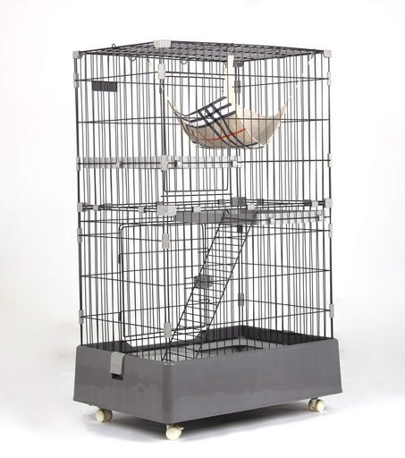 OSJ猫ケージキャットケージ2段猫トイレ付キャスター付ハンモック付猫ゲージおしゃれキャットハウスネコハウス多段留守番保護脱走防止多頭飼い多頭スチールペットケージグレー