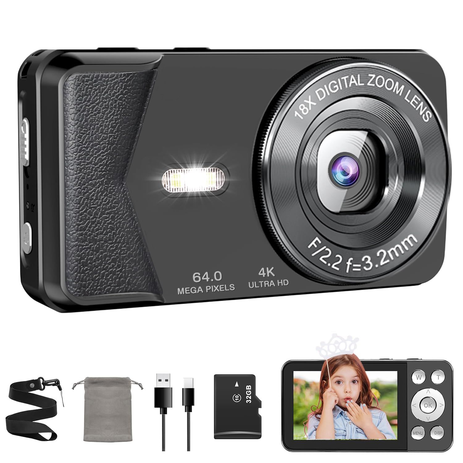 デジカメ 4K デジタルカメラ 小型 6400万画素 Type-Cケーブルでスマホ