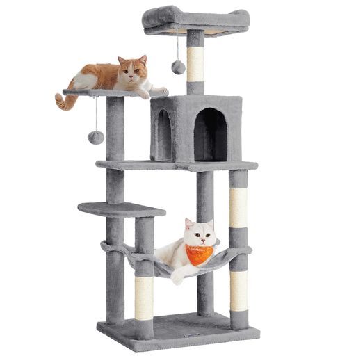 FEANDREAキャットタワースリム猫タワーハンモック耐荷重15kg大型猫用おしゃれ多頭飼い爪とぎ天然サイザル麻紐高さ143CMグレーPCT161W01