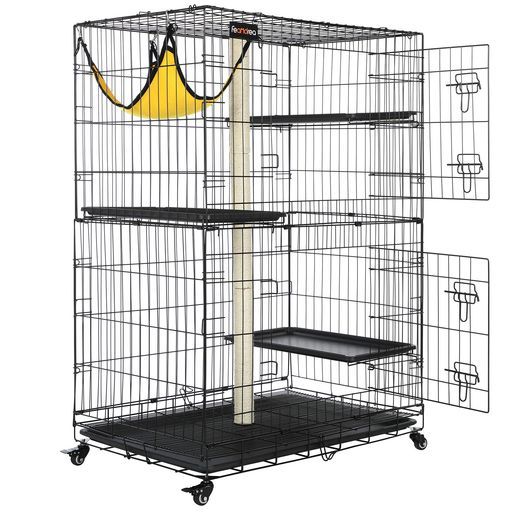 FEANDREA猫用ケージ大型128x91x57cm3階層全段爪研ぎポール付き脱走防止多頭飼いケージ組立簡単折り畳み式移動便利シンプル猫のゲージゆらゆらハンモック(おまけ付き)PCC001B01