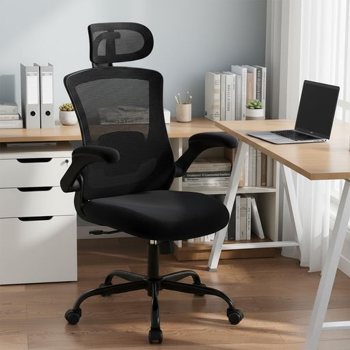 CHAIRKERオフィスチェアエルゴノミクスオフィスチェアハイバックメッシュランバーサポート調節可能アームレスト跳ね上げ式ロッキング機能付きキャスター付き黒