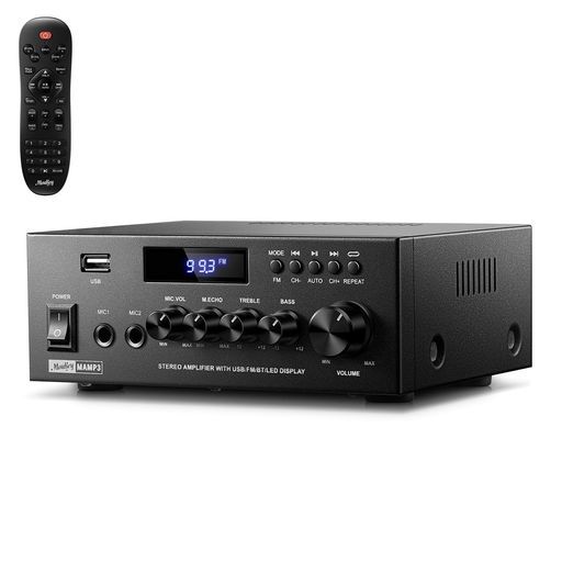 Moukeyアンプホームオーディオ、Bluetooth5.3搭載2.0chステレオレシーバー、フル機能リモコン、FM、RCA、USB、マイク入力x2、ピーク出力300W、カラオケ・ガレージ・MAMP3