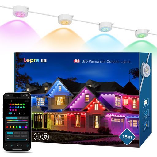 LeproE1AIledストリングライト30灯15.3mAI照明デザイナーRGBCW+IC+昼光色+電球色クリスマス1600万色調光調色Alexa/GoogleHome対応音楽同期スマートスポットライト