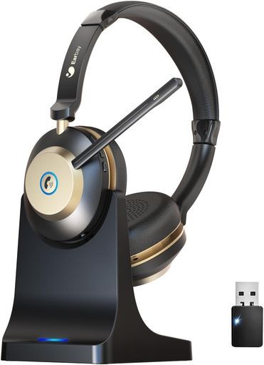 ワイヤレスヘッドセットマイク付き[Bluetooth5.3]ノイズキャンセリング搭載消音機能充電ドック&USBドングル同梱最大50時間駆動パソコン/スマホ/Teams/Skype/Zoom/オフィス対応ヘッドセットbluetooth