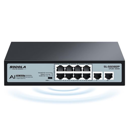 SODOLA1000MbpsPoEハブスイッチングハブ10ポート(PoE給電ポート*8、アップリンクポート*2)搭載各ポート最大30W総合120W対応VLAN対応です静音ファンレス設計デスクトップ設置または壁掛け設置