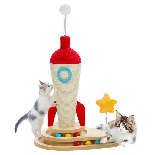 PAWZRoad猫爪研ぎ麻爪研ぎポール猫のおもちゃ木製縦型猫用回転ボールかわいいカラフルロケットおしゃれ天然サイザル麻頑丈木目調子猫シニアコンパクトインテリア猫玩具安定運動不足解…