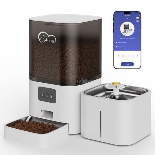 DOEL2-in-1自動給餌器&給水器、大容量6Lドライフードディスペンサー+2.5L給水器、アプリ操作・音声録音機能付き、猫・小型犬用スケジュール給餌対応