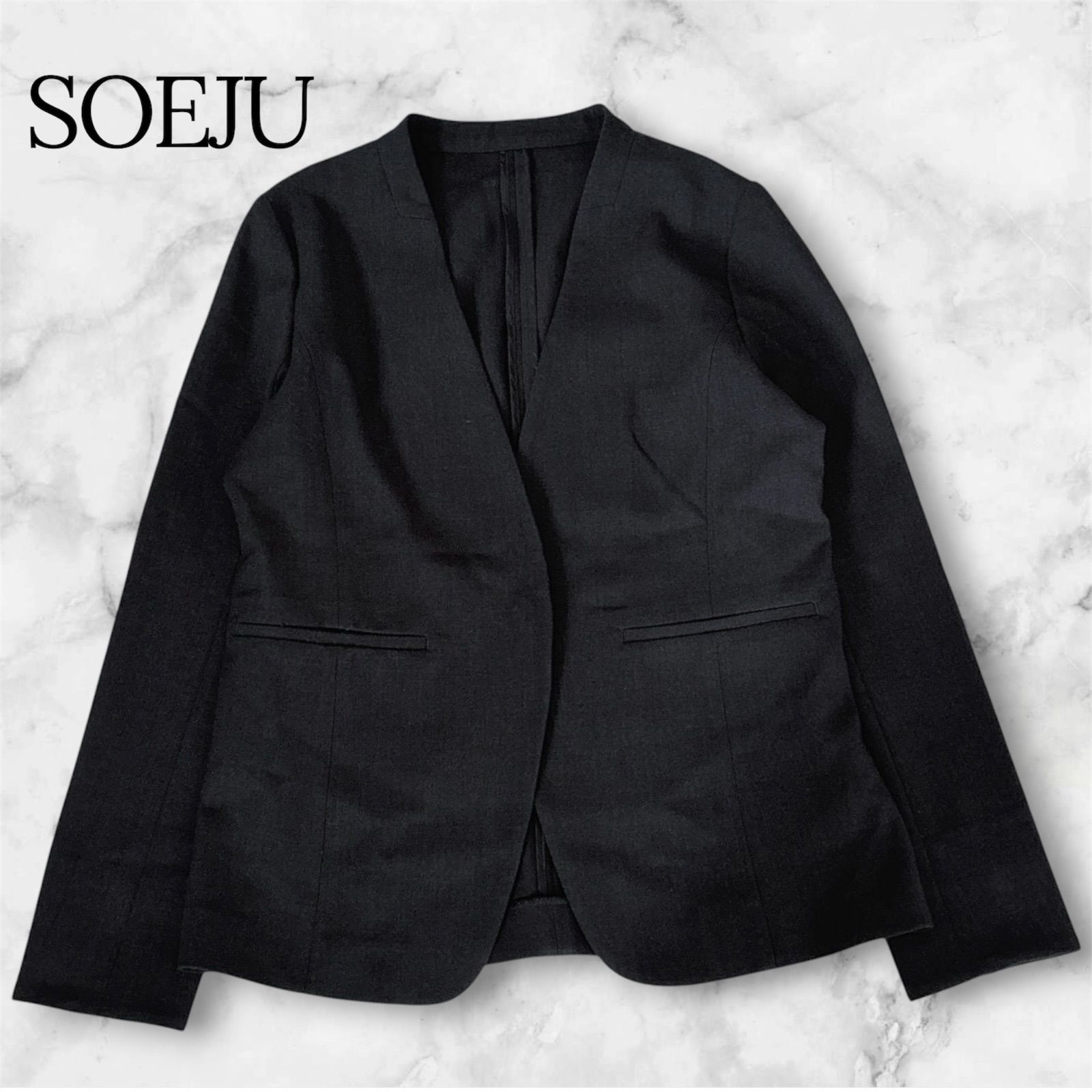 【極美品】SOEJU ソージュ ノーカラージャケット Mサイズ ブラック 黒 S-01-JK-007 Vネック オフィス 通勤 フォーマル セレモニー レディース テーラードジャケット 美シルエット B1154