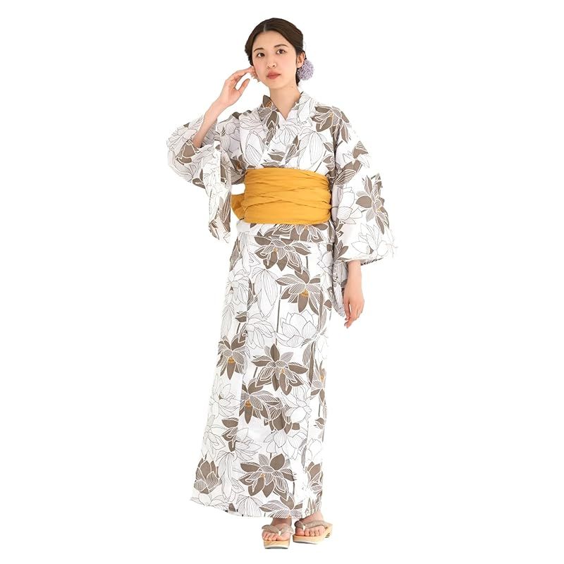 【新品】 [NISHIORI] 綿麻 レディース浴衣2点セット（浴衣＋しわ兵児帯）夏祭り 花火大会 コーディネート済み 10種類 フリーサイズ (No5, Free) 0
