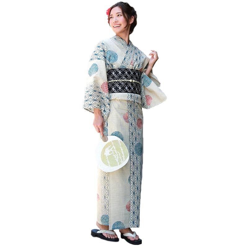 【新品】 [ブリリアントピース] レギュラーサイズ 浴衣 レディース セット 生成り地に麻の葉と鞠 高級綿麻浴衣3点セット 浴衣 帯 下駄 0