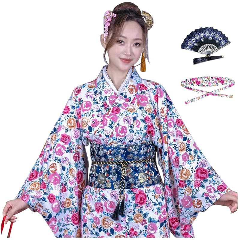 【新品】 [Lkbilswei] 浴衣 レディース 浴衣セット すべすべ シフォン yukata 同じ柄 簡易な 結び帯 扇子 3点セット 花柄 カメリア キキョウ ベゴニア 薔薇 浴衣 女性用 コスチューム 旅館浴衣 ゆかた 大人用 夏祭り 夕涼み 花火 0