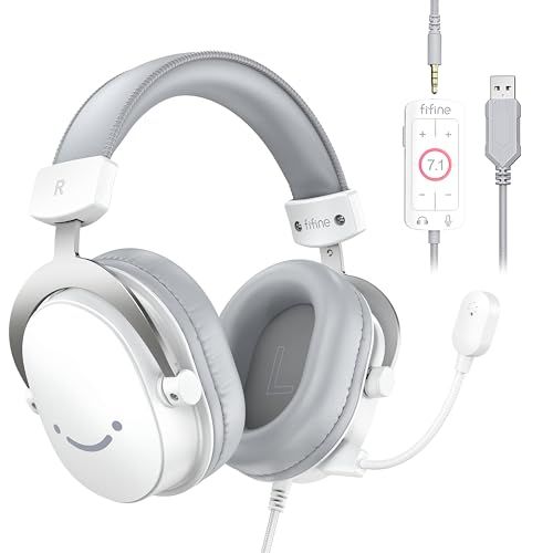 FIFINE ゲーミングヘッドセット 7.1サラウンドサウンド 有線 3.5mm/USB接続 50mmドライバー 脱着式全指向性マイク付き PC/スマホ/Nintendo Switch/PS4/PS5に対応 音量調節可能 密閉型 ゲーム 配信 実況 白 Amp