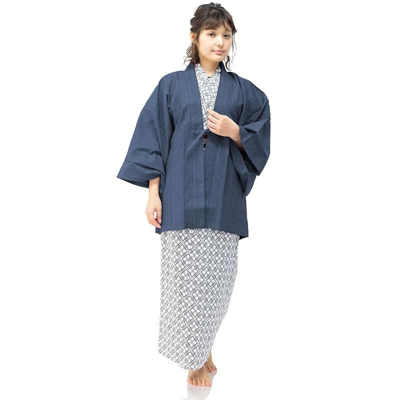 【新品】 [KYOETSU] [キョウエツ] 浴衣セット 旅館浴衣 4点セット(羽織、旅館浴衣、帯、共紐) レディース (浴衣-125, 羽織-青) 0