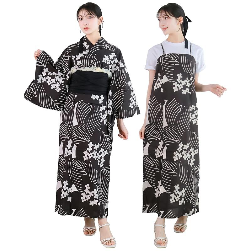【新品】 [KYOETSU] [キョウエツ] 浴衣セット 変わり織 生成り ワンピース 3点セット(浴衣、兵児帯、ぷち兵児帯) レディース (墨絵花影, フリーサイズ) 0