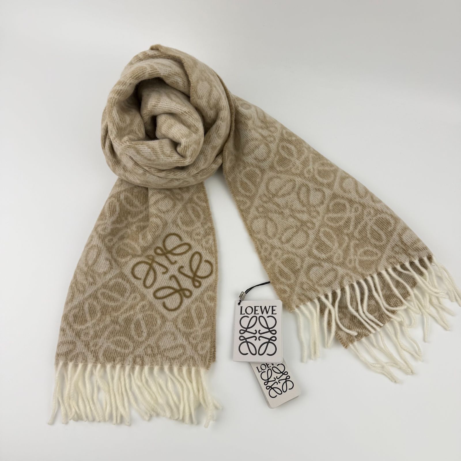 中古】LOEWE ロエベ アナグラム マフラー ベージュ ウール カシミヤ 