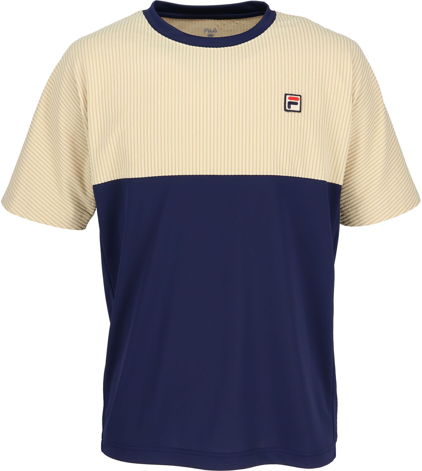 フィラ FILA テニス ゲームシャツ メンズ 男性 テニスウェア Tシャツ トップス 半袖 メッシュ 吸水速乾 UVカット 軽量 高機能 サッカーストライプ 襟付き ペア リンクコーデ CZ6SGM001 DGN ダークグリーン
